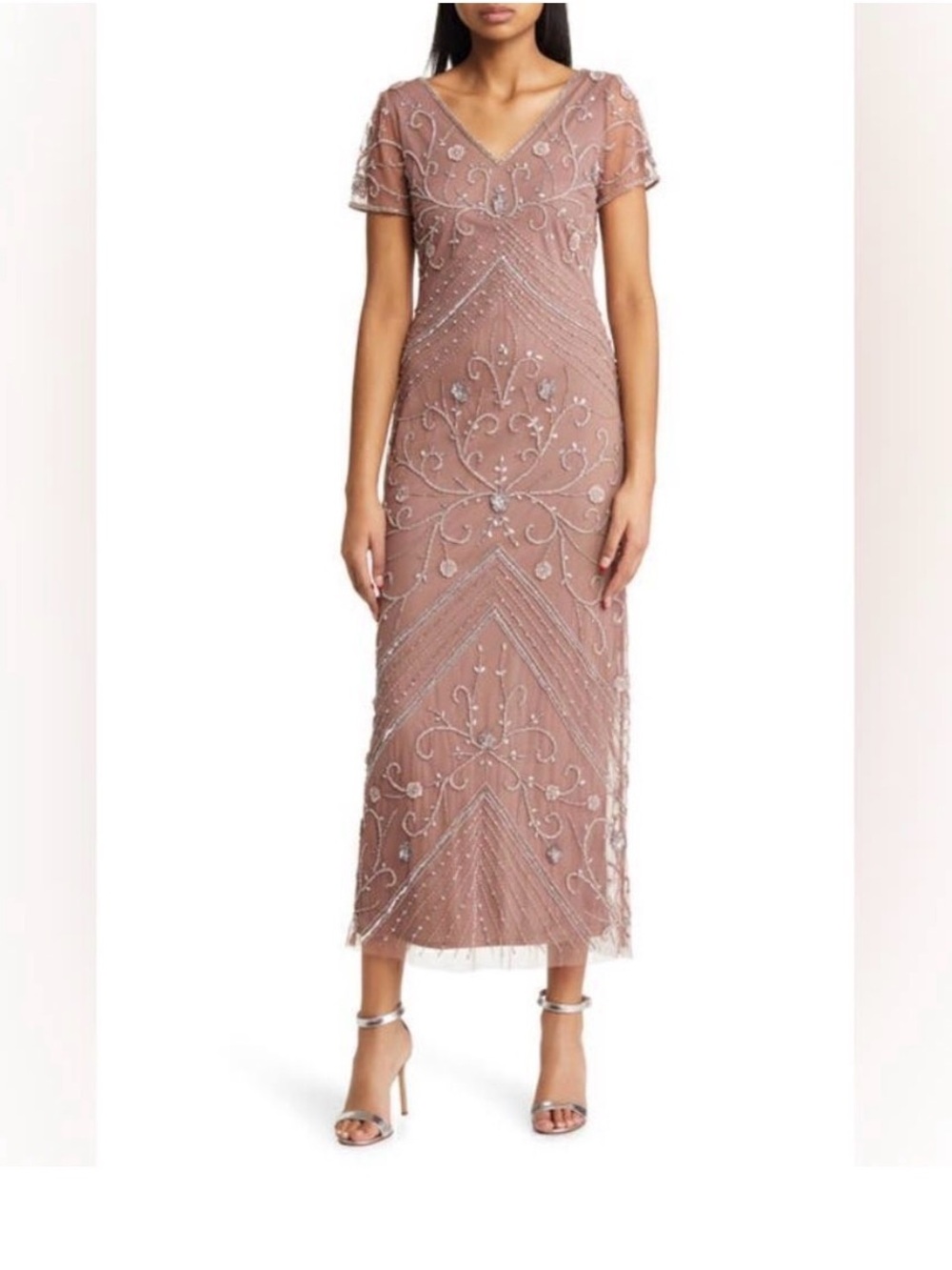 Pisarro Nights Beaded Mesh Overlay Cocktail Dress in Mauve NWOT